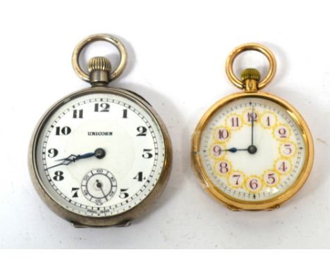 A 14ct gold lady's fob watch the enamel dial set with Arabic numerals (af) and a silver Unicorn fob watch the dial set with A