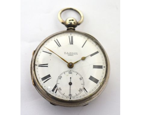 A hallmarked silver open faced pocket watch, enamel dial set with Roman numerals and subsidiary seconds hand, and inscribed '