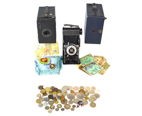 A collectors lot comprising coinage and banknotes to include some silver, two military silk handkerchiefs, one for the Royal 