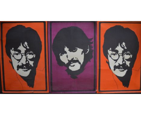 A set of three coloured Beatles portrait posters, two depicting John Lennon and the other depicting George Harrison, all prod