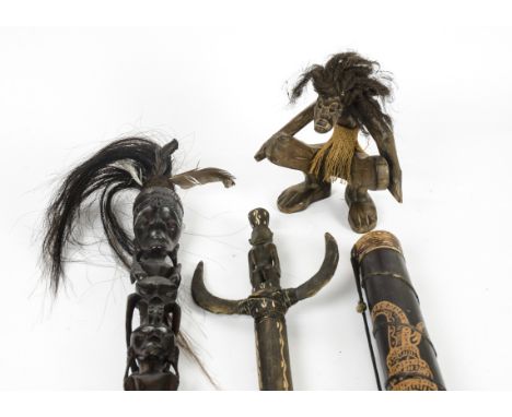 A Dayak figure, an Aboriginal rain stick with painted lizard decoration and an African mask (3)