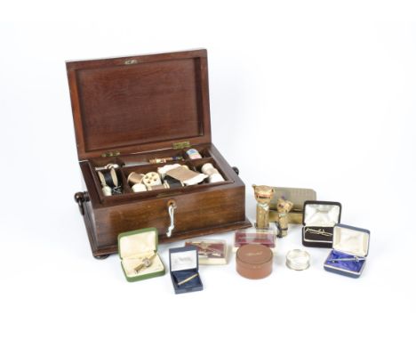 A treen sewing box together with a group of costume jewellery pins and tie clips, including a Stratton example of a pheasant,