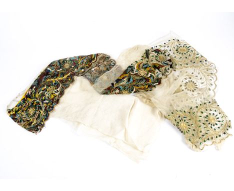 A selection of 19th &amp; 20th Century lace and needlework, including a strip of bobbin lace, a handkerchief and cushion cove