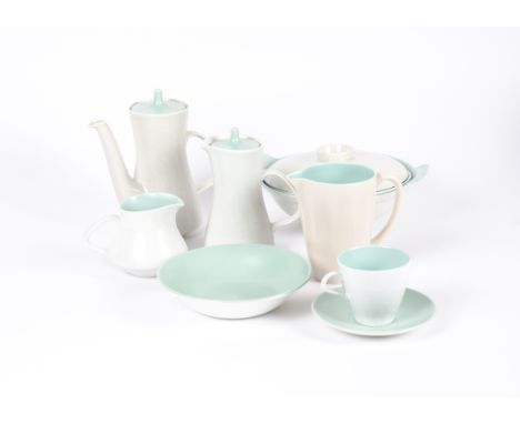 A Poole grey and turquoise two tone dinner and tea service, comprising sixteen small plates, eight medium plates, twelve larg