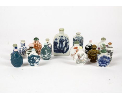 A collection of assorted porcelain snuff bottles and a cinnabar snuff box (15+)