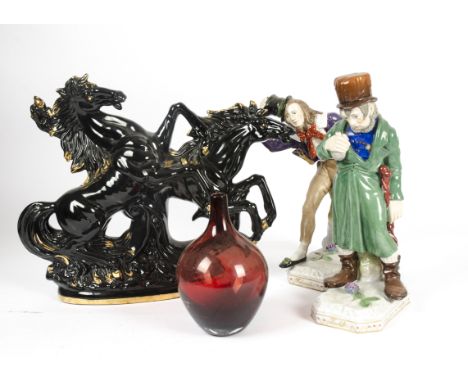 A pair of early 20th Century French figures of a haircutter 'Schneider' and a 'Tischler', a large model of a black horse, an 