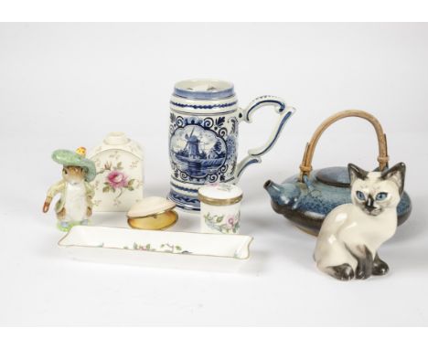 A quantity of ceramics including Beatrix Potter figures Benjamin Bunny, Mrs Tiggywinkle and Peter Rabbit with gold Beswick ma