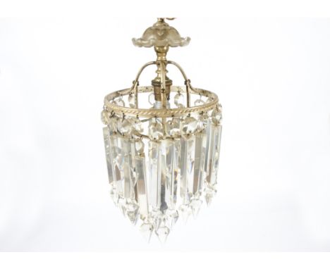 A quantity of hanging chandelier type surrounds for electric ceiling lights, the multifaceted glass lustres attached to metal