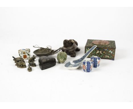 A mixed lot consisting of Chinese brass and enamel decorated table top box, the rising top having a hardstone mount, a soapst