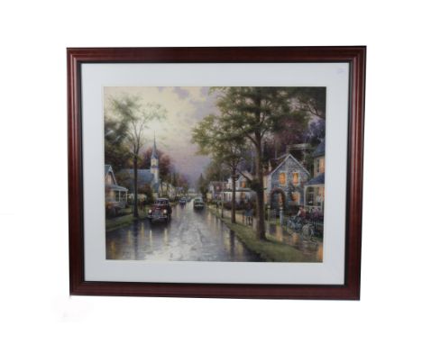 Thomas Kinkade (1958-2012) limited edition lithograph on canvas, 'Hometown Morning', signed (lower right), together with an A