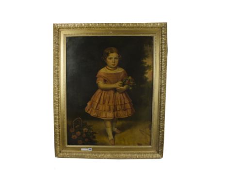 19th Century English School oil on canvas, 'Portrait of a girl holding flowers', 69.5 cm x 89.5 cm, framed