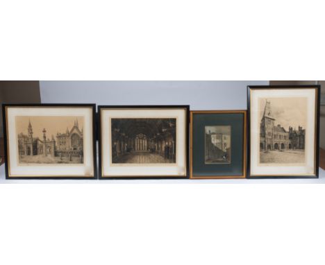 Three late 19th Century E. Piper etchings, 'The Entrance, Dulwich College', signed in pencil (lower left), 19.5 cm x 26.5 cm,