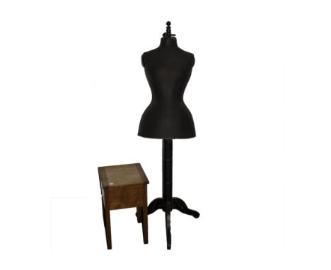 A shop fitters female mannequin on tripod base, together with a 20th Century sewing box (2)