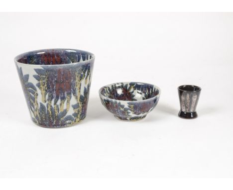 Three modern studio items of pottery, a planter and a bowl attributed to Sam Hall (b.1967) who experiments with oxides result