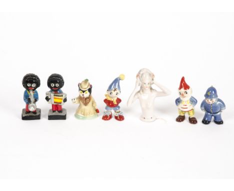 A lot of ceramic miniature figures including a half porcelain doll of German origin, two collectable Robertsons Golliwog figu