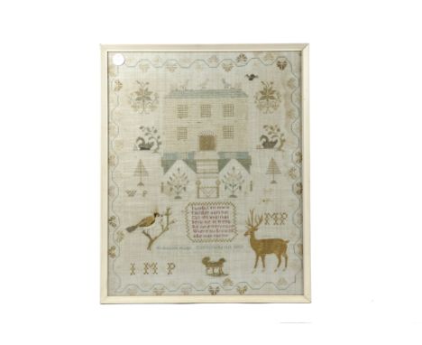 An early 19th Century needlework sampler, worked by Elizabeth Padgil, aged 10, in the year 1816, depicting a large Georgian h