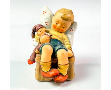 Combination matte and glossy porcelain, hand painted. Sleeping boy clutching a doll. Hummel impressed in base. Goebel backsta