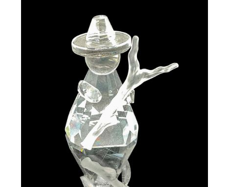 This figurine showcases a faceted clear crystal body and hat, with a clear round ball for his head, and carries a frosted cry