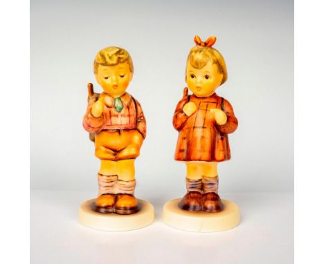 Hand painted in matte finish pieces titled What's That and One, Two, Three. M. I. Hummel impressed backstamp. Goebel backstam