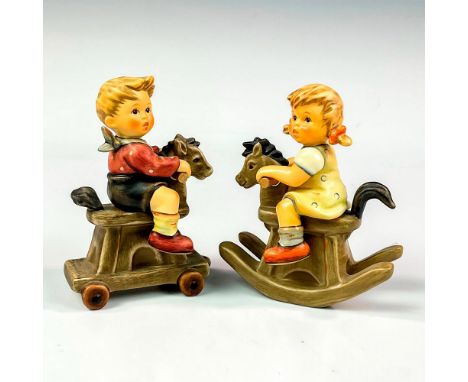 Matte porcelain, hand painted. Aspiring young cowboy's rides horse on wheels (Riding Lesson, First issue 2020) and little gir