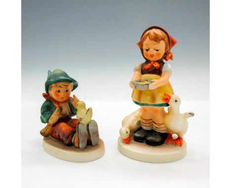 Hand painted figural Boy with yellow bird and Be Patient girl with geese 197. Hand painted in soft colors with matte finish. 