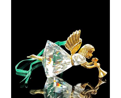 Clear crystal angel with trumpet. Gold accents on body and wings, on green satin ribbon. Swarovski impressed backstamp. This 