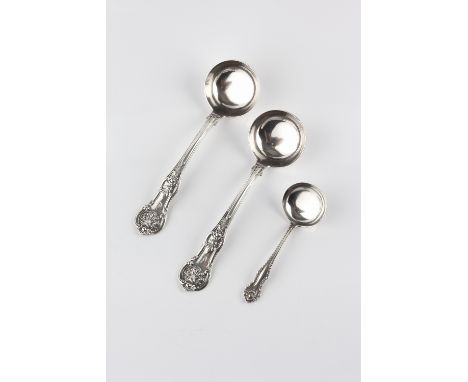 A PAIR OF MID VICTORIAN SCOTTISH SILVER KING'S PATTERN SAUCE LADLES, by John Murray, Glasgow 1851; and a further late Victori