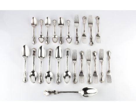 AN EARLY VICTORIAN SILVER PART SERVICE of Albert pattern flatware, comprising a gravy spoon, six table forks, six table spoon