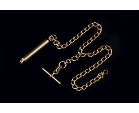 AN 18CT GOLD ALBERT CHAIN AND PROPELLING PENCIL, the curb-link chain with swivel and bolt ring clasps, suspending a T-bar and