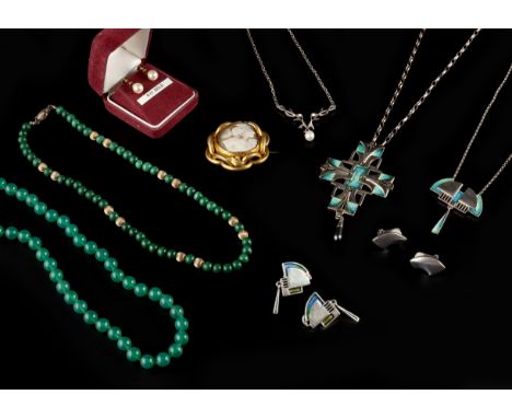 A COLLECTION OF JEWELLERY, to include two silver and enamel pendant necklaces and a pair of silver and enamel ear clips, in t