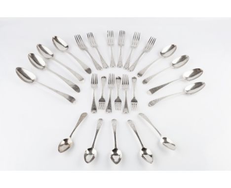 A MATCHED PART SERVICE OF GEORGE III SILVER FLATWARE, with bright cut decoration comprising six table forks by Thomas Wallis 