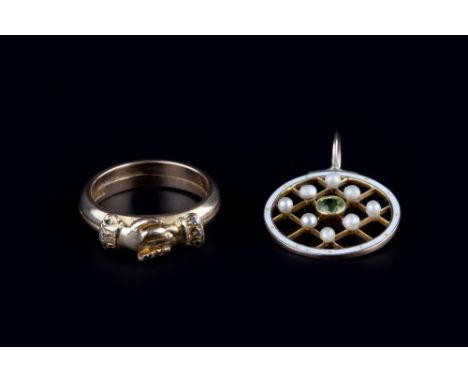 A COLLECTION OF JEWELLERY, comprising a peridot, half pearl and white enamel pendant, of circular lattice work design, stampe