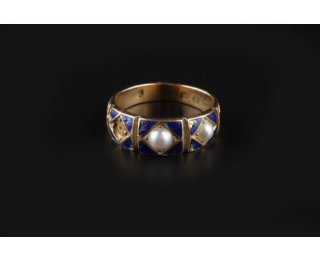 A HALF PEARL AND ENAMEL RING, of tapered panelled form, centred with graduated half pearls to a blue enamel ground, 18ct gold