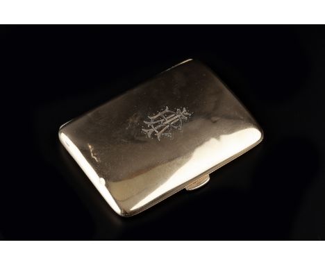 A 9CT GOLD CIGARETTE CASE, of curved outline, monogrammed, 7.5cm, 32.5gms