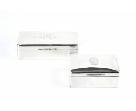 A SILVER RECTANGULAR CIGARETTE BOX, by Army & Navy Co-operative Society Ltd, London 1915, presentation inscription, 19cm; and