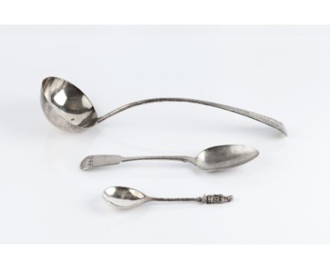 A GEORGE III SILVER OLD ENGLISH PATTERN SOUP LADLE, London 1818; a Georgian silver fiddle pattern tablespoon; and a silver ap