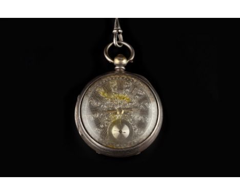 A VICTORIAN SILVER OPEN FACE POCKET WATCH, the scroll decorated two colour dial with Roman numerals and subsidiary dial, to a