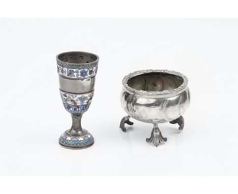A RUSSIAN SMALL GOBLET, with bands of cloisonné enamel decoration, marks indistinct, 7.2cm high; and a white metal circular s