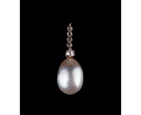 A NATURAL PEARL AND DIAMOND PENDANT, the pear-shaped natural pearl surmounted by an old-cut diamond in claw setting, below a 