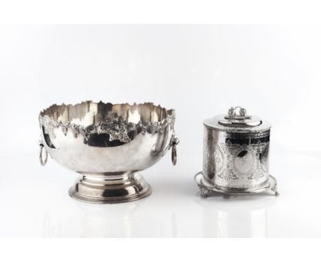 A SILVER PLATED PUNCH BOWL, with vine cast border and lion's mask ring handles; a Victorian silver plated biscuit barrel; and