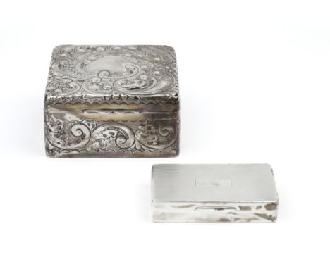 AN EDWARDIAN SILVER RECTANGULAR SNUFF BOX, engine turned cover, maker's mark rubbed, Birmingham 1909, 8cm wide; and a silver 