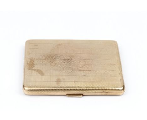 A 9CT GOLD CIGARETTE CASE, with engine turned decoration, 8.5cm, 77 gms