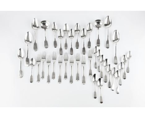 A MATCHED PART SERVICE OF 19TH CENTURY SILVER FIDDLE PATTERN FLATWARE, comprising four tablespoons, eight dessert spoons incl