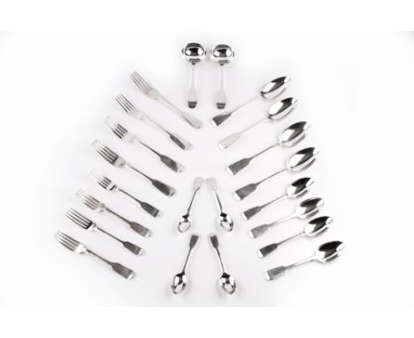 A MID VICTORIAN SILVER PART SERVICE of fiddle pattern flatware, predominantly by Henry Holland, London 1864; comprising eight
