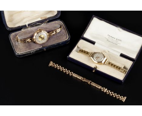 TWO LADY'S WRISTWATCHES, comprising a lady's 9ct gold cased bracelet watch, the circular bi-colour dial with stylised Arabic 