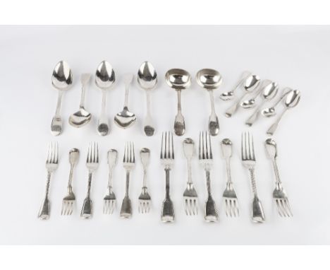 A MATCHED PART SERVICE OF 19TH CENTURY SILVER FIDDLE AND THREAD PATTERN FLATWARE, comprising five tablespoons by William Fris