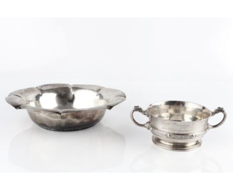 AN EDWARDIAN SILVER BOWL, with lobed, flared rim, by Atkin Bros, Sheffield 1907, 23cm diameter, 9.5oz; and a silver twin hand
