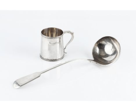 A LATE VICTORIAN SILVER FIDDLE PATTERN SOUP LADLE, by Francis Higgins III, London 1881, 34cm, 9.5 oz; and a silver mug, with 