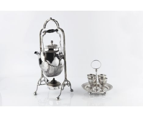 A QUANTITY OF SILVER PLATED ITEMS TO INCLUDE: a tea kettle on stand, an egg coddler, an egg stand, a sauce boat, a twin handl