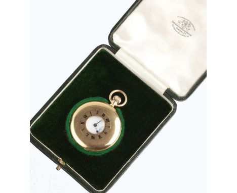 AN 18CT GOLD HALF HUNTER POCKET WATCH, the white enamel dial with Roman numerals and subsidiary seconds dial, to a keyless wi